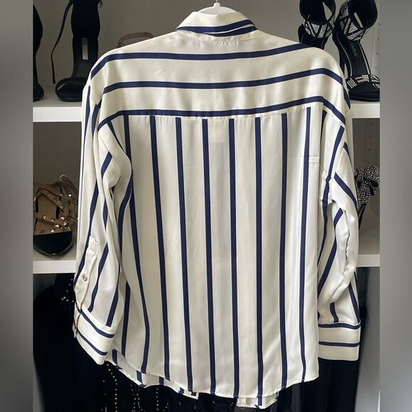 NWT Satin Effect Shirt ~ Navy Blue and Ivory Striped - Picture 11 of 14